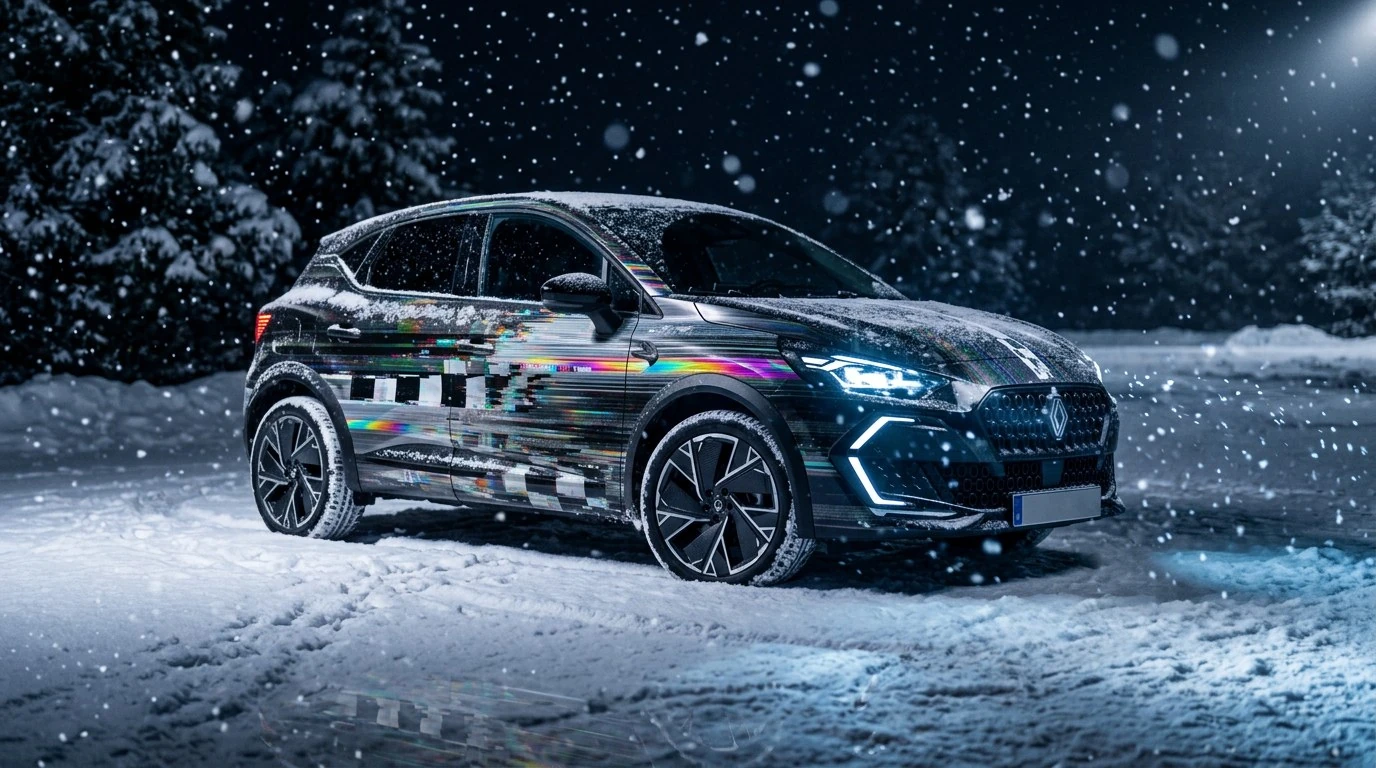 Voiture habillée Off Grid sous la neige, de nuit
