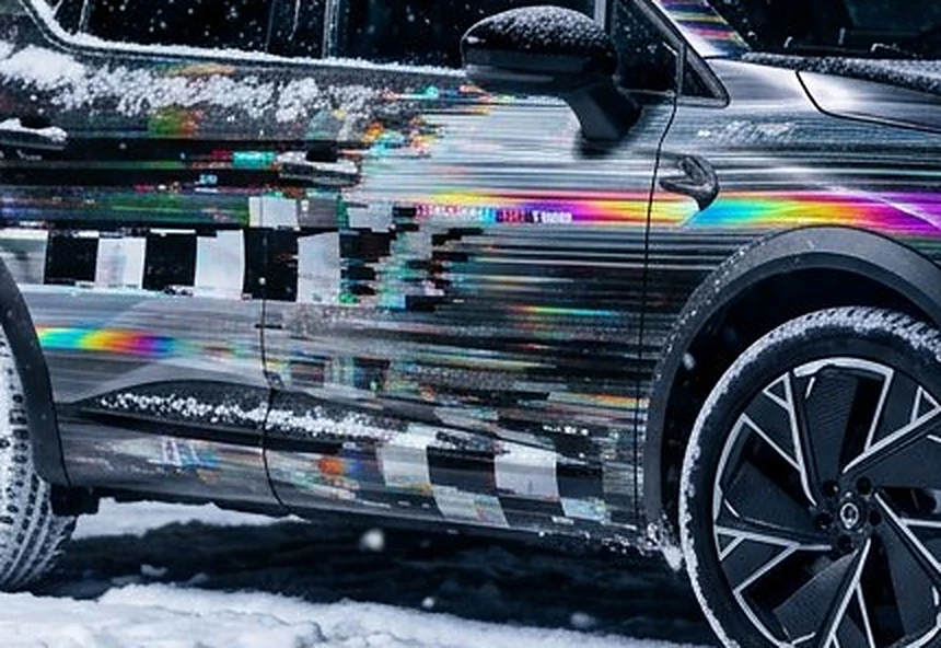 Gros plan sur le wrap Off Grid : damier et reflets arc-en-ciel sur la portière
